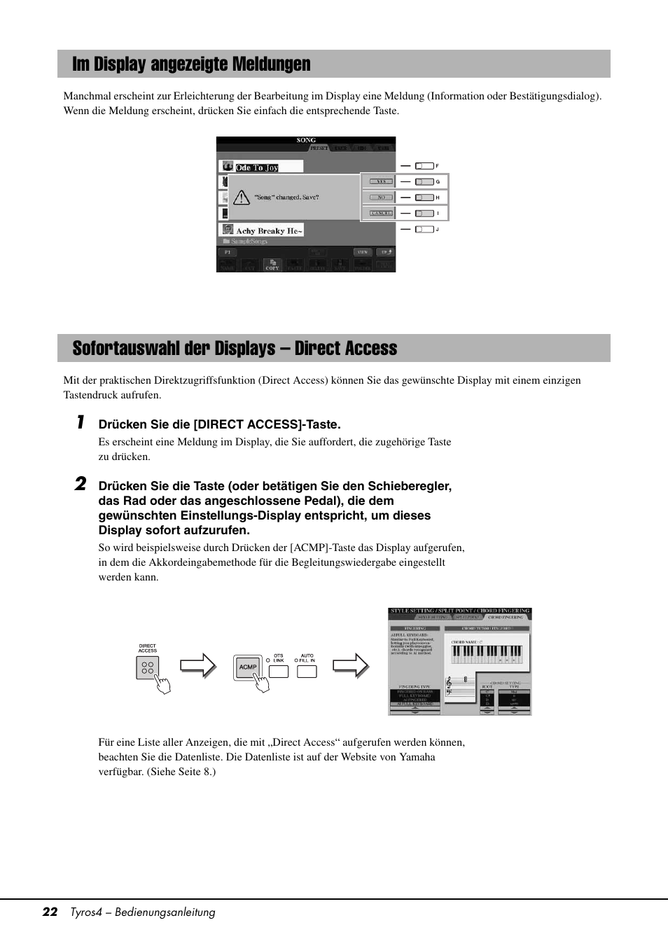 Im display angezeigte meldungen, Sofortauswahl der displays – direct access, Seite 22) | Yamaha Tyros4 User Manual | Page 22 / 126