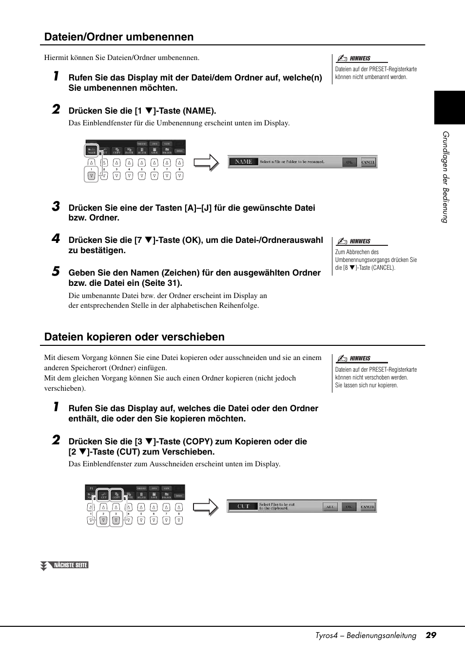 Dateien/ordner umbenennen, Dateien kopieren oder verschieben | Yamaha Tyros4 User Manual | Page 29 / 126