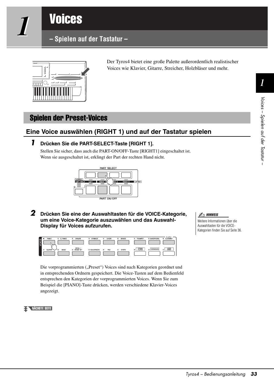 1 voices – spielen auf der tastatur, Spielen der preset-voices, Voices | Spielen auf der tastatur, Seite 33 | Yamaha Tyros4 User Manual | Page 33 / 126