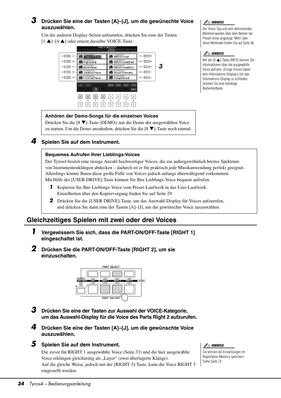 Seite 34, Seite 34), Gleichzeitiges spielen mit zwei oder drei voices | Yamaha Tyros4 User Manual | Page 34 / 126