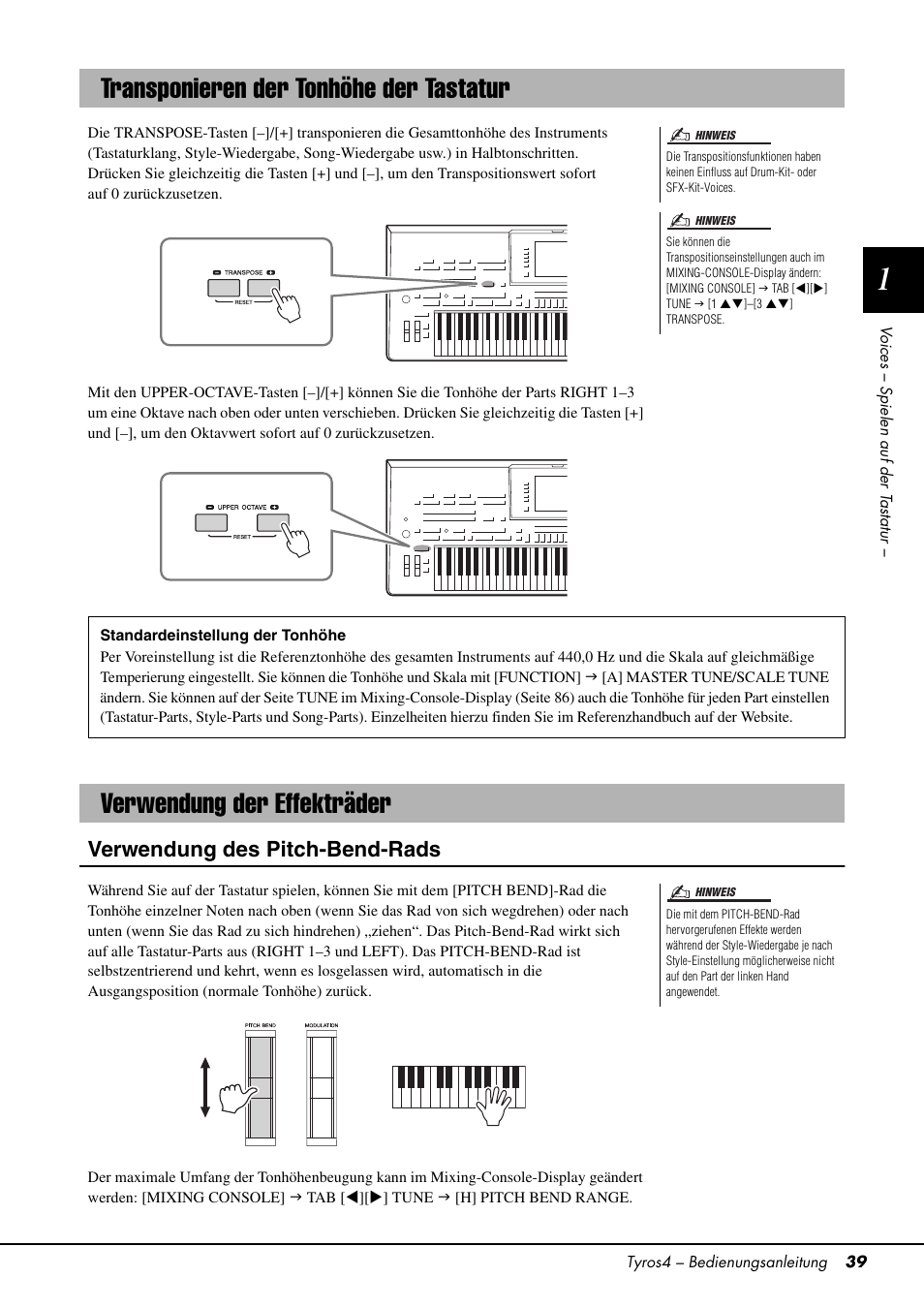 Transponieren der tonhöhe der tastatur, Verwendung der effekträder, Seite 39 | Tten an (seite 39), Verwendung des pitch-bend-rads | Yamaha Tyros4 User Manual | Page 39 / 126