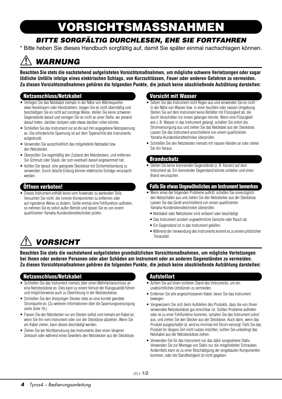 Vorsichtsmassnahmen, Warnung, Vorsicht | Bitte sorgfältig durchlesen, ehe sie fortfahren | Yamaha Tyros4 User Manual | Page 4 / 126