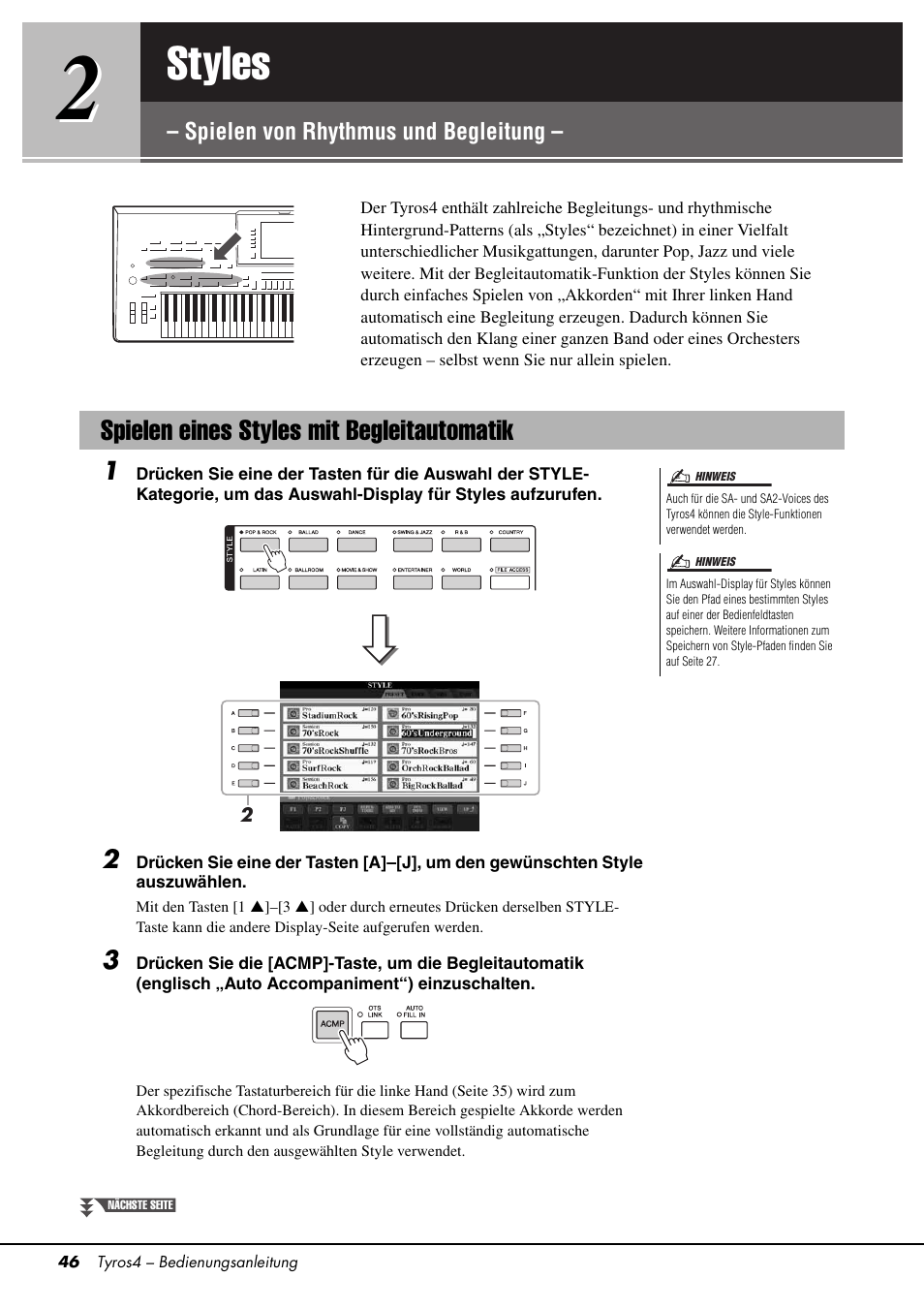 2 styles – spielen von rhythmus und begleitung, Spielen eines styles mit begleitautomatik, Styles | Spielen von rhythmus und begleitung, Seite 46 | Yamaha Tyros4 User Manual | Page 46 / 126