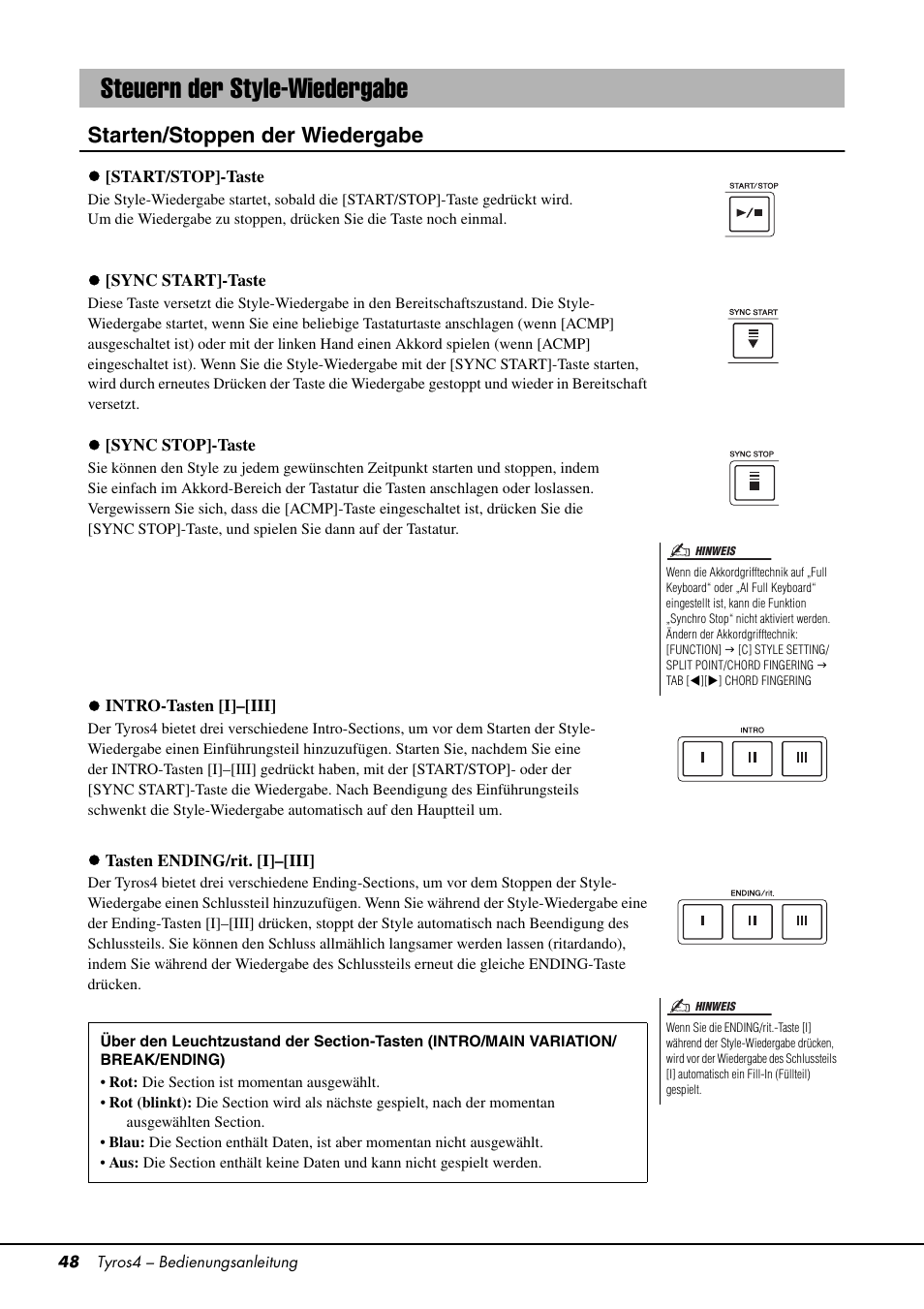 Steuern der style-wiedergabe, Seite 48, Starten/stoppen der wiedergabe | Yamaha Tyros4 User Manual | Page 48 / 126