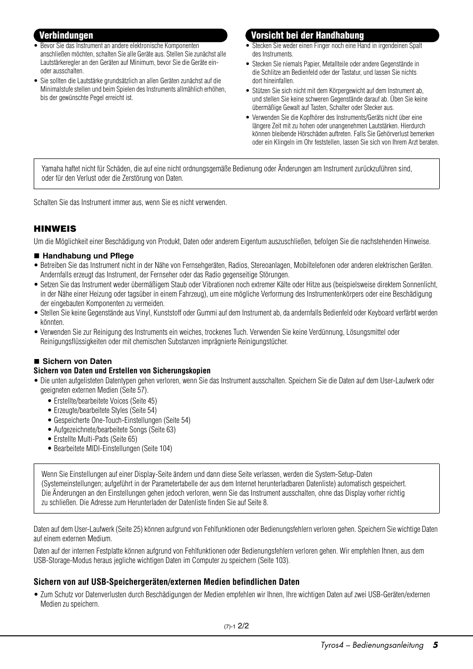 Verbindungen vorsicht bei der handhabung | Yamaha Tyros4 User Manual | Page 5 / 126