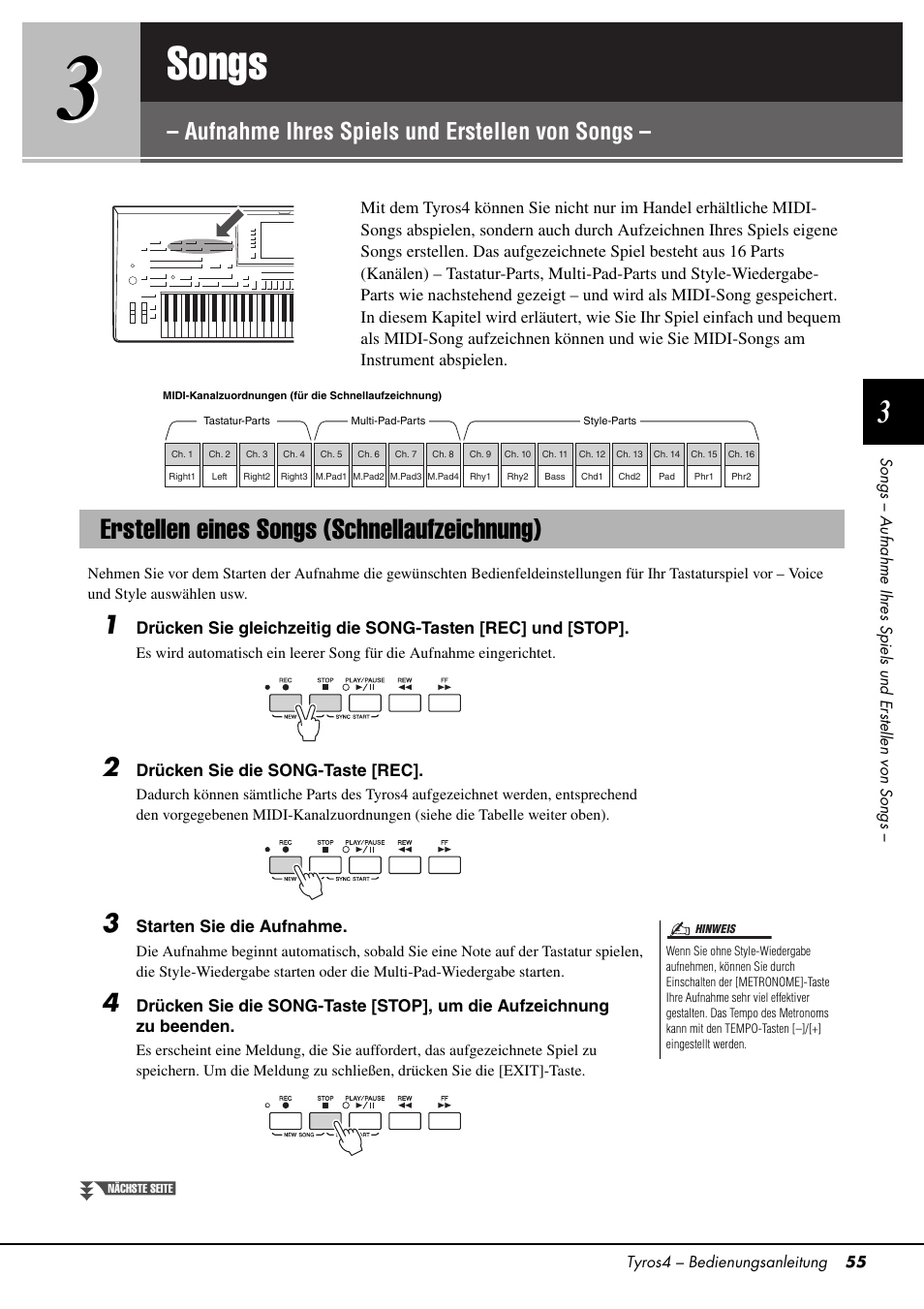 Erstellen eines songs (schnellaufzeichnung), Songs, Aufnahme ihres spiels und erstellen von songs | Seite 55 | Yamaha Tyros4 User Manual | Page 55 / 126