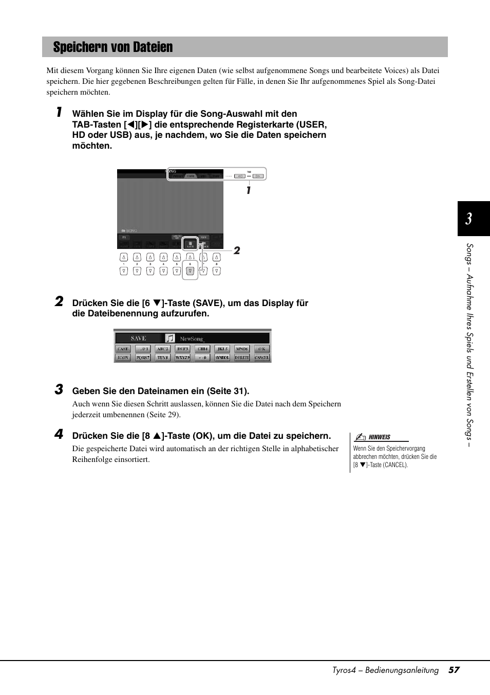 Speichern von dateien, N (seite 57) | Yamaha Tyros4 User Manual | Page 57 / 126