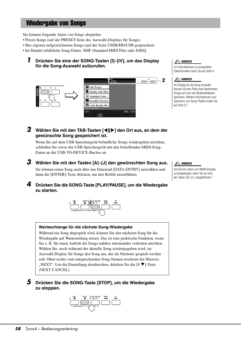 Wiedergabe von songs, Seite 58 | Yamaha Tyros4 User Manual | Page 58 / 126