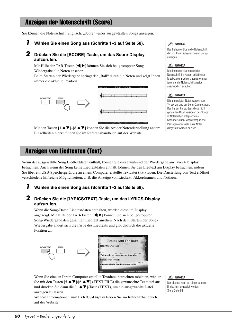 Anzeigen der notenschrift (score), Anzeigen von liedtexten (text) | Yamaha Tyros4 User Manual | Page 60 / 126