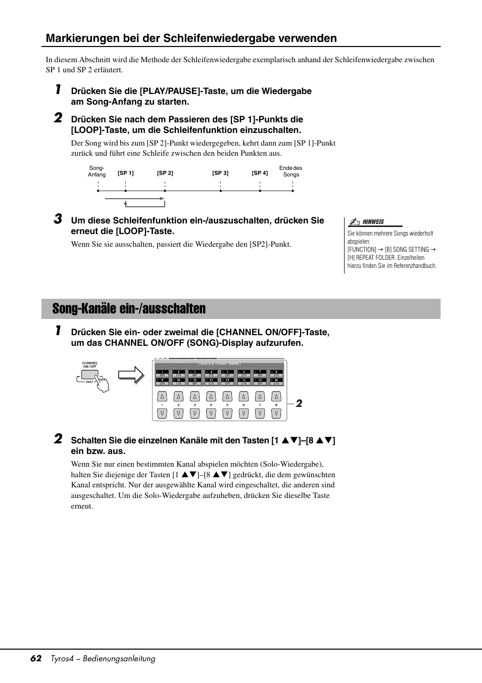 Song-kanäle ein-/ausschalten, E seite 62, Markierungen bei der schleifenwiedergabe verwenden | Yamaha Tyros4 User Manual | Page 62 / 126