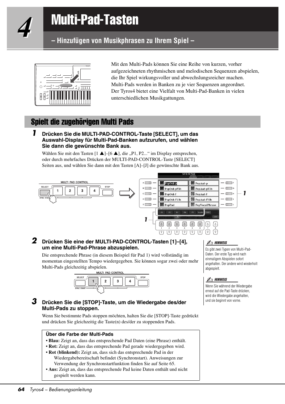 Spielt die zugehörigen multi pads, Multi-pad-tasten, Hinzufügen von musikphrasen zu ihrem spiel | Seite 64 | Yamaha Tyros4 User Manual | Page 64 / 126