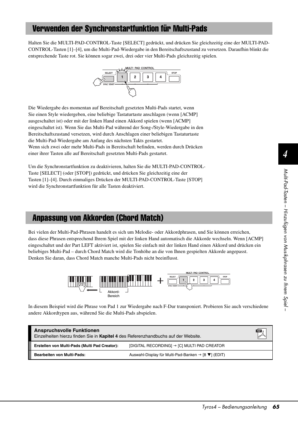 Verwenden der synchronstartfunktion für multi-pads, Anpassung von akkorden (chord match), Lti-pads (seite 65) | Yamaha Tyros4 User Manual | Page 65 / 126