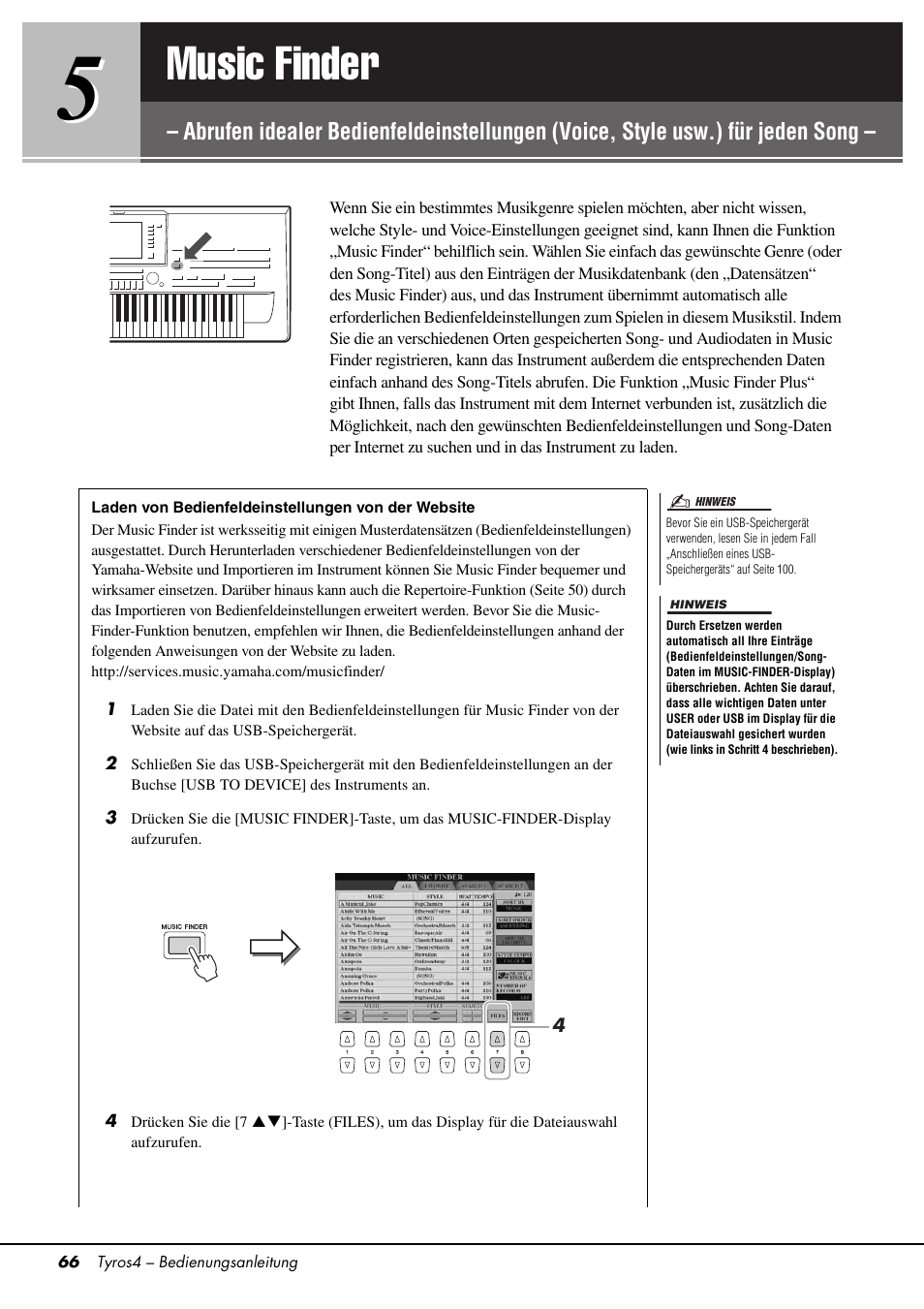 Seite 66) sofort f, Music finder | Yamaha Tyros4 User Manual | Page 66 / 126