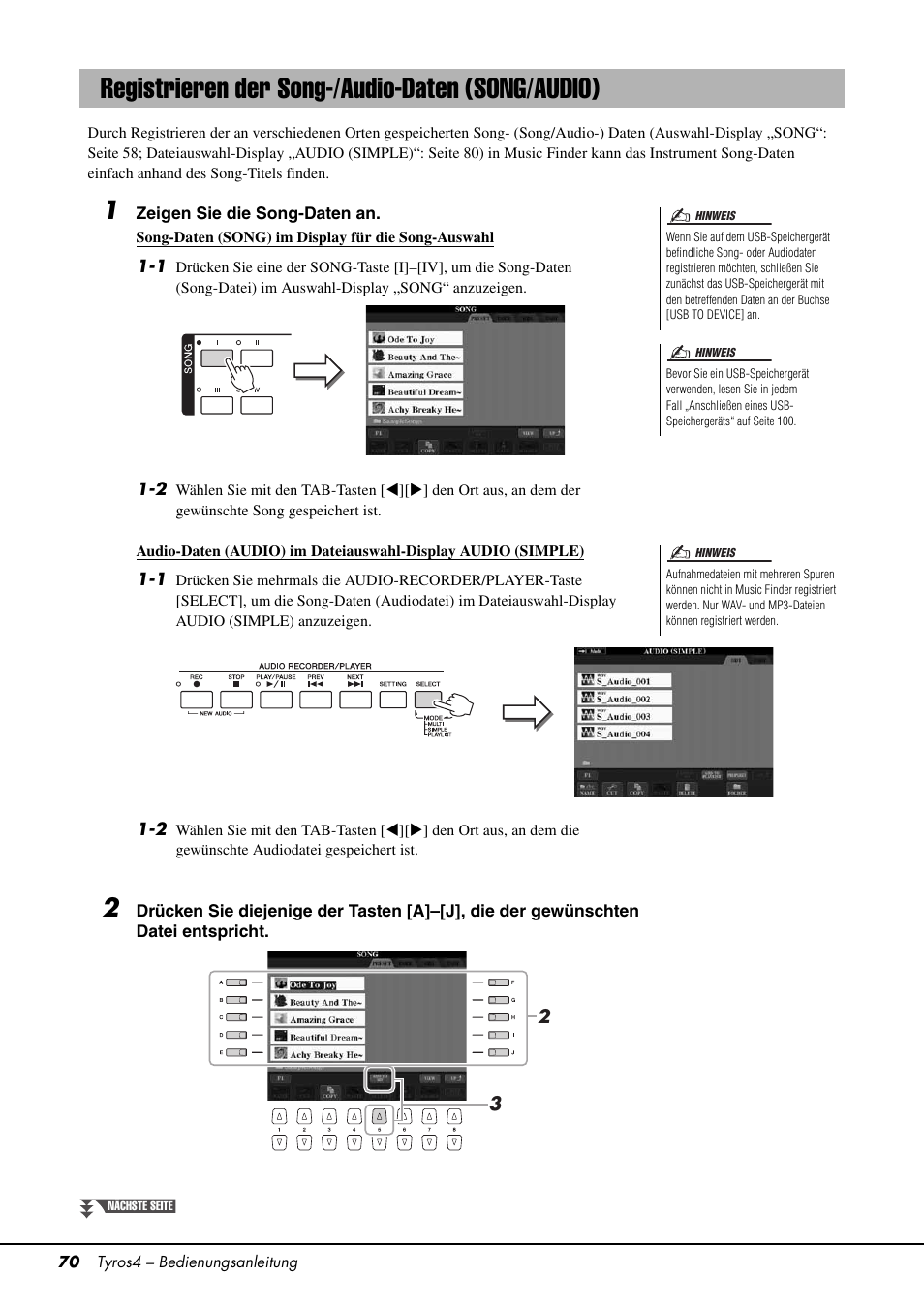 Registrieren der song-/audio-daten (song/audio) | Yamaha Tyros4 User Manual | Page 70 / 126