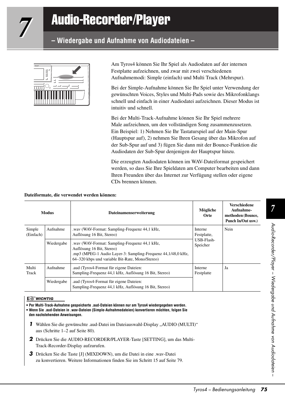 Aten aufnehmen (seite 75), mit, Audio-recorder/player, Wiedergabe und aufnahme von audiodateien | Yamaha Tyros4 User Manual | Page 75 / 126