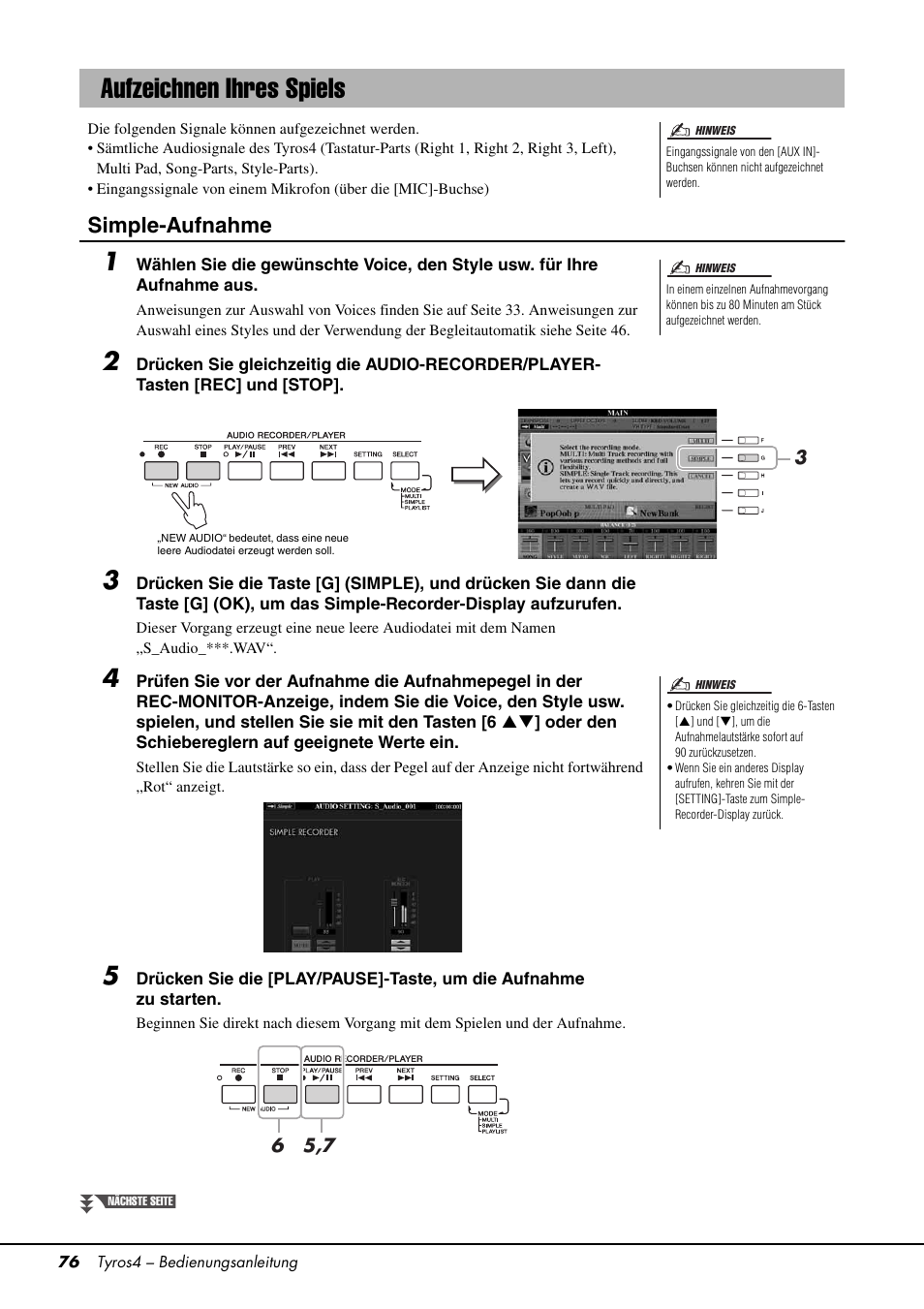 Aufzeichnen ihres spiels, Seite 76, Simple-aufnahme | Yamaha Tyros4 User Manual | Page 76 / 126