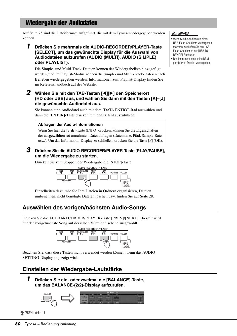 Wiedergabe der audiodaten, Auswählen des vorigen/nächsten audio-songs, Einstellen der wiedergabe-lautstärke | Yamaha Tyros4 User Manual | Page 80 / 126
