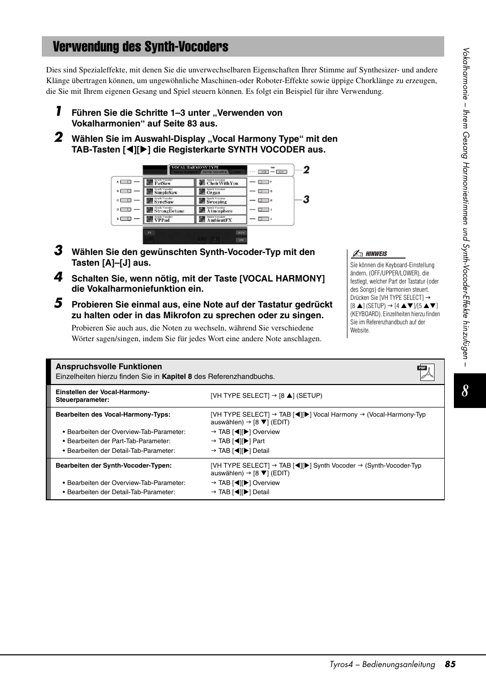 Verwendung des synth-vocoders | Yamaha Tyros4 User Manual | Page 85 / 126