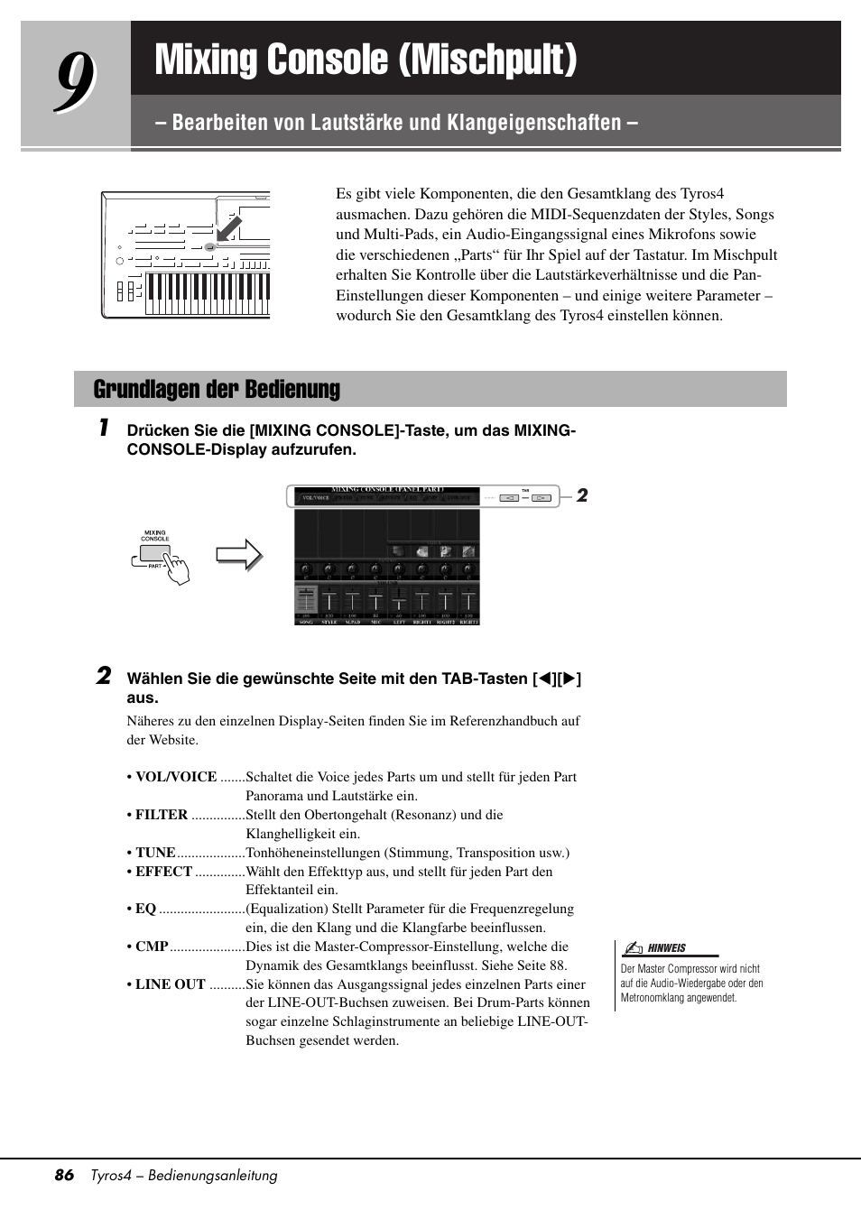 Grundlagen der bedienung, Mixing console (mischpult), Bearbeiten von lautstärke und klangeigenschaften | Seite 86 | Yamaha Tyros4 User Manual | Page 86 / 126