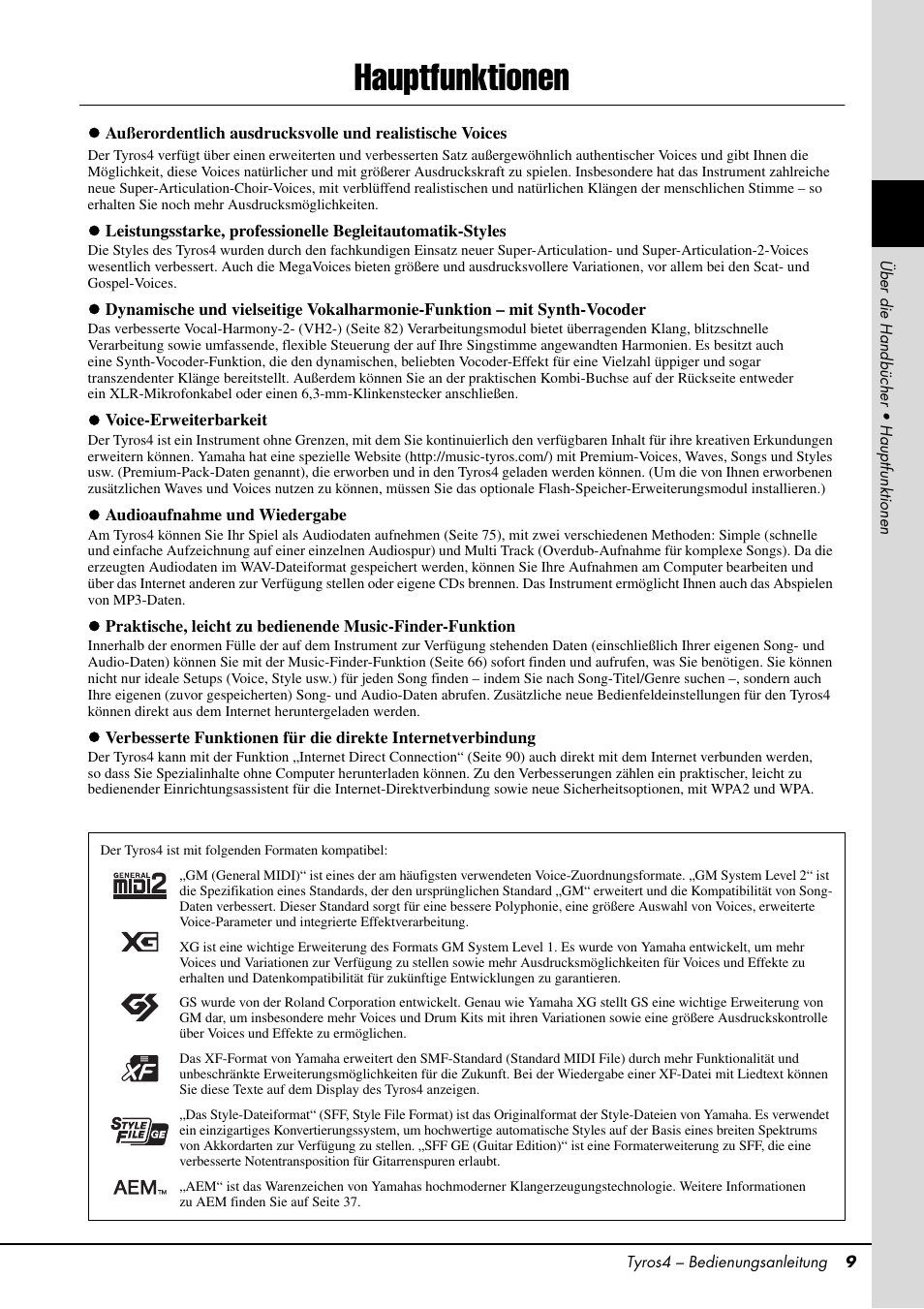 Hauptfunktionen | Yamaha Tyros4 User Manual | Page 9 / 126