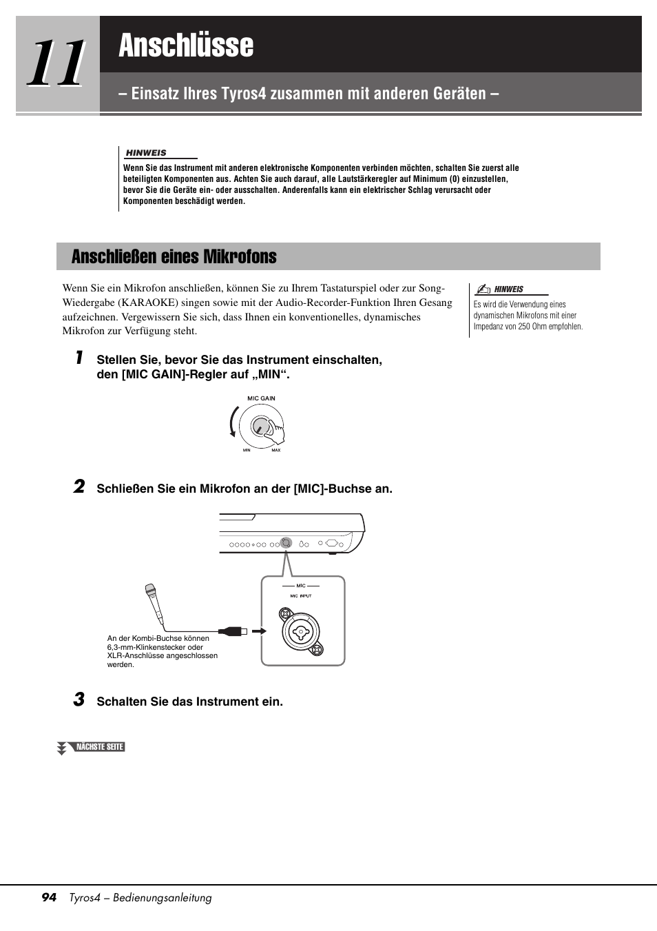 Anschließen eines mikrofons, Anschlüsse, Einsatz ihres tyros4 zusammen mit anderen geräten | Seite 94, Anschließen eines mikrofons“ au | Yamaha Tyros4 User Manual | Page 94 / 126