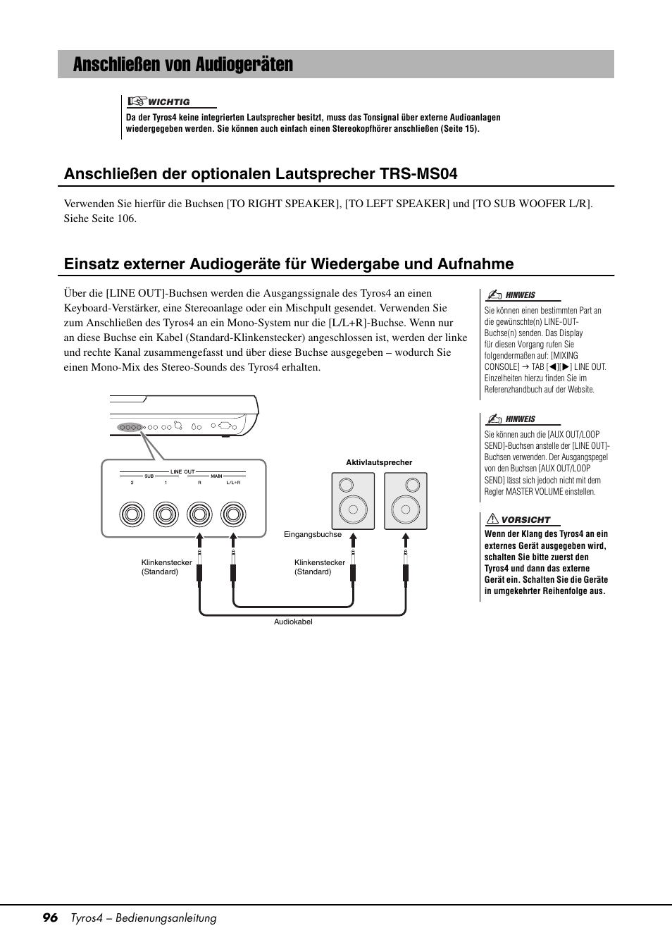 Anschließen von audiogeräten, Seite 96, Auf seite 96 | Anschließen der optionalen lautsprecher trs-ms04 | Yamaha Tyros4 User Manual | Page 96 / 126