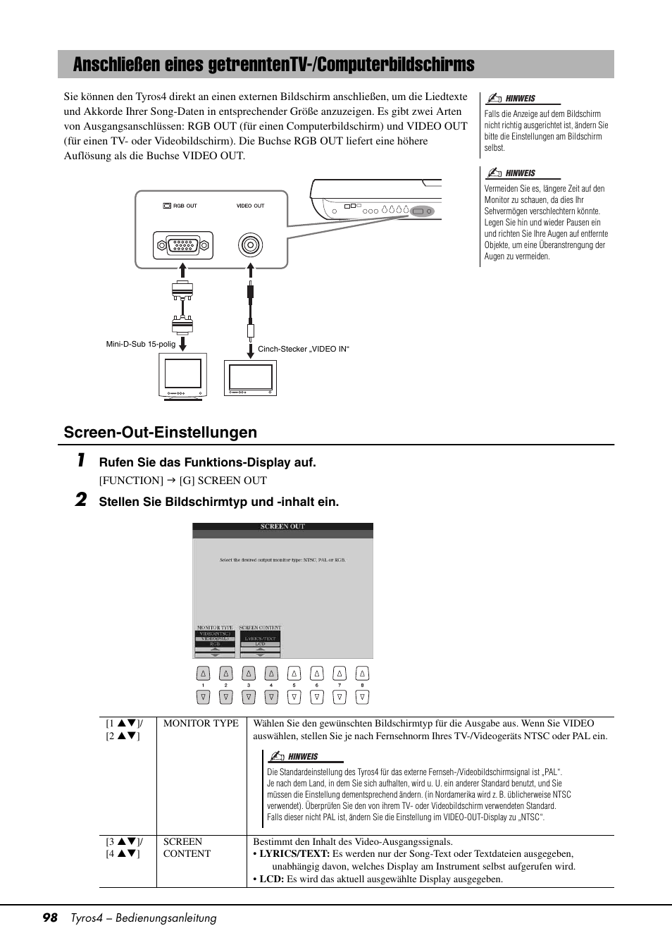 Seite 98, Screen-out-einstellungen | Yamaha Tyros4 User Manual | Page 98 / 126