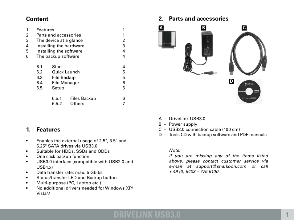 Drivelink usb3.0, Content, Features | Parts and accessories | SHARKOON DriveLink USB3.0 User Manual | Page 2 / 8