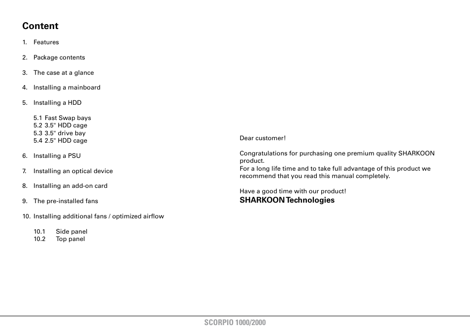 Content, Sharkoon technologies | SHARKOON Scorpio 2000 User Manual | Page 2 / 16