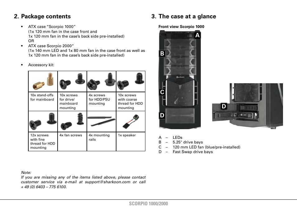 Package contents, The case at a glance, Ab c d d | SHARKOON Scorpio 2000 User Manual | Page 4 / 16