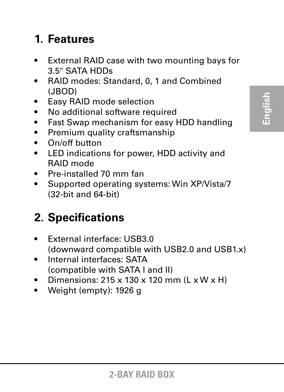 Features, Specifications | SHARKOON 2-Bay RAID Box User Manual | Page 2 / 7