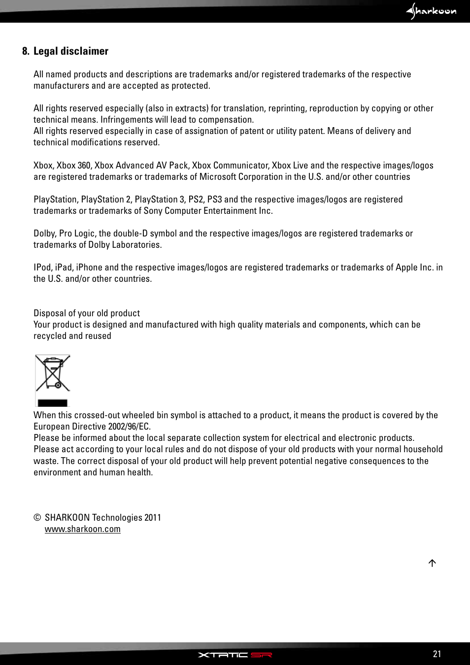 Legal disclaimer | SHARKOON X-Tatic SR User Manual | Page 23 / 23