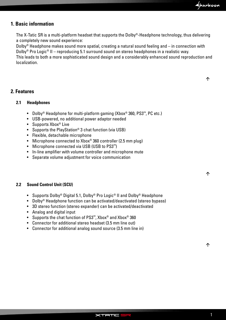Basic information 1, Features, Headphones | 2 sound control unit (scu), Basic information | SHARKOON X-Tatic SR User Manual | Page 3 / 23