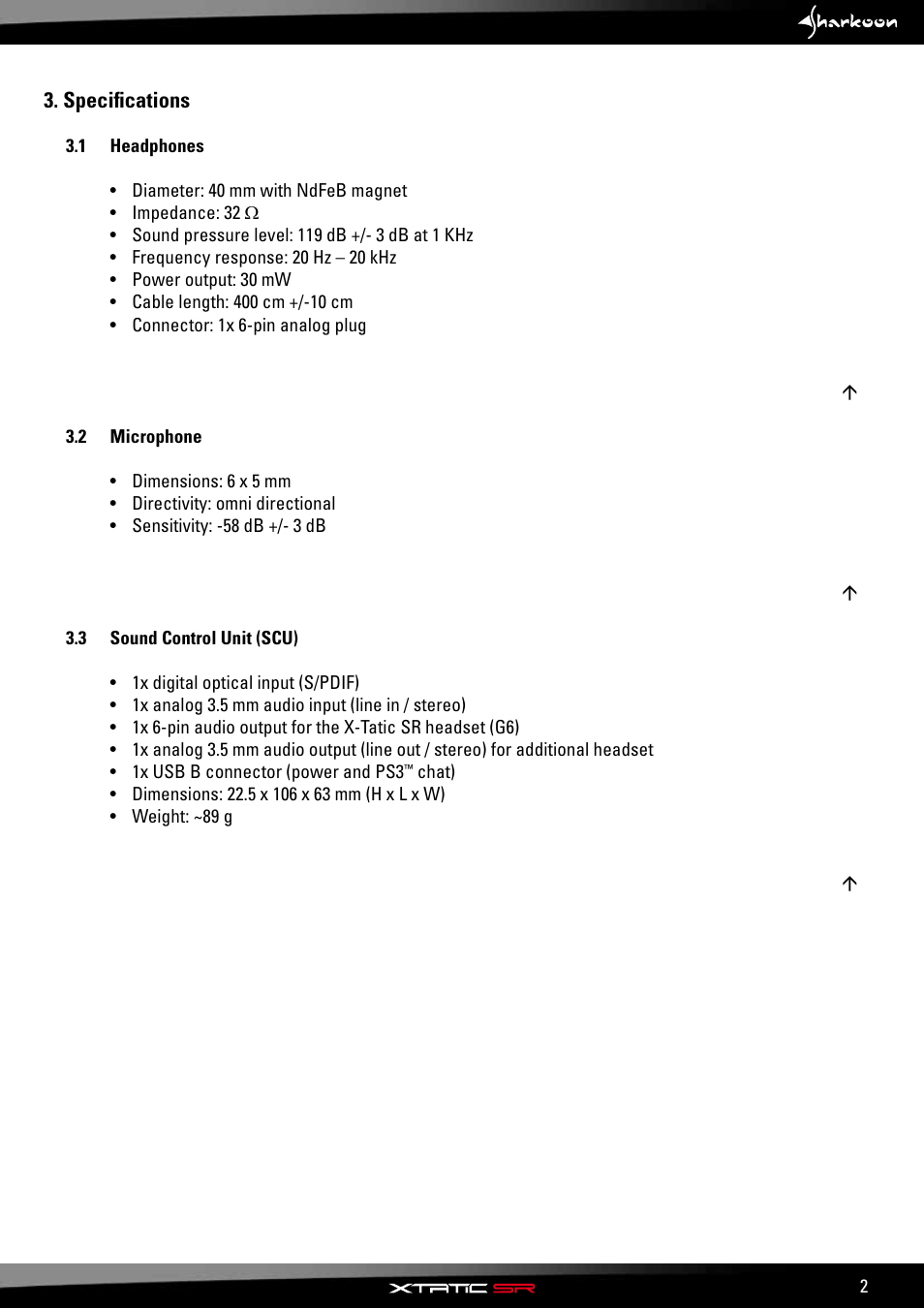 Specifications, 1 headphones, 2 microphone | 3 sound control unit (scu) | SHARKOON X-Tatic SR User Manual | Page 4 / 23