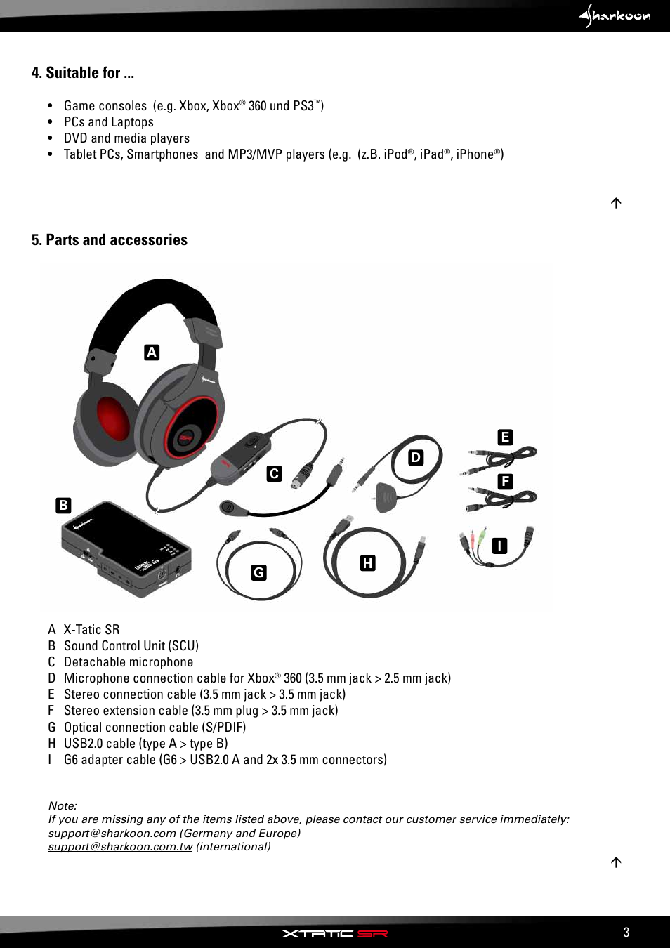 Suitable for, Parts and accessories | SHARKOON X-Tatic SR User Manual | Page 5 / 23