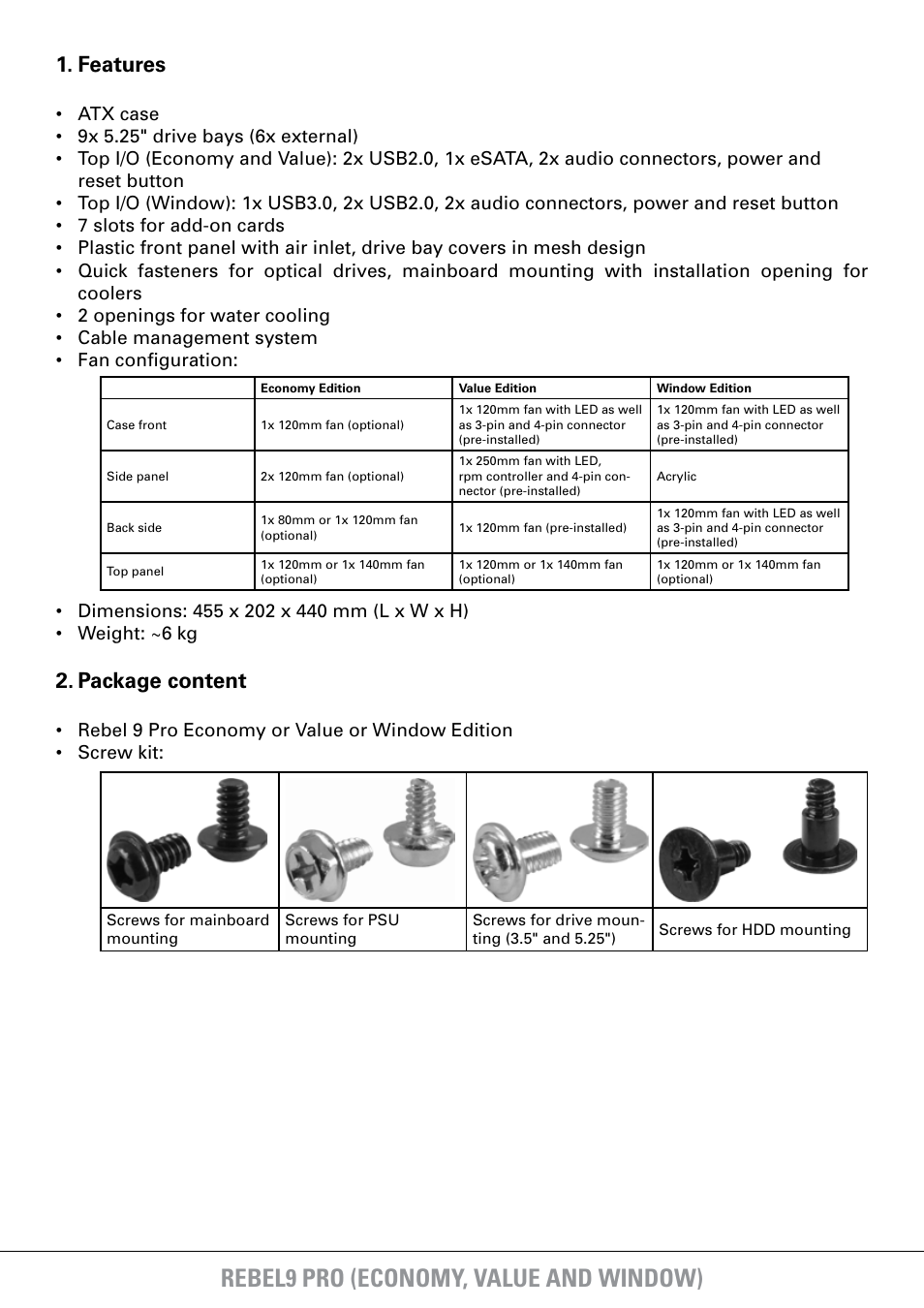 Rebel9 pro (economy, value and window), Features, Package content | SHARKOON Rebel9 Pro Window User Manual | Page 3 / 16