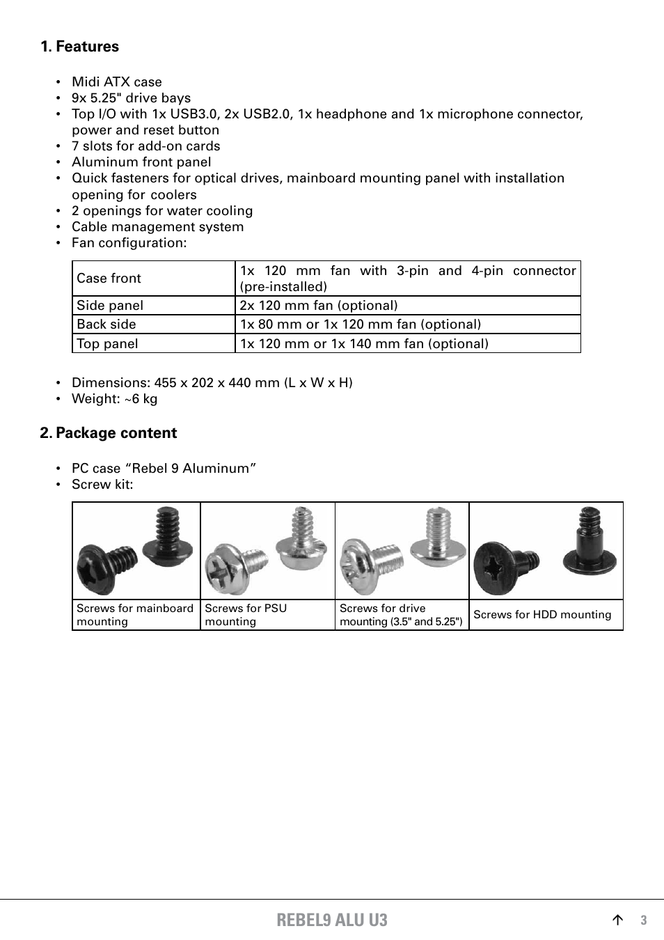 Features, Package content, Rebel9 alu u3 | SHARKOON Rebel9 Aluminum U3 User Manual | Page 3 / 16