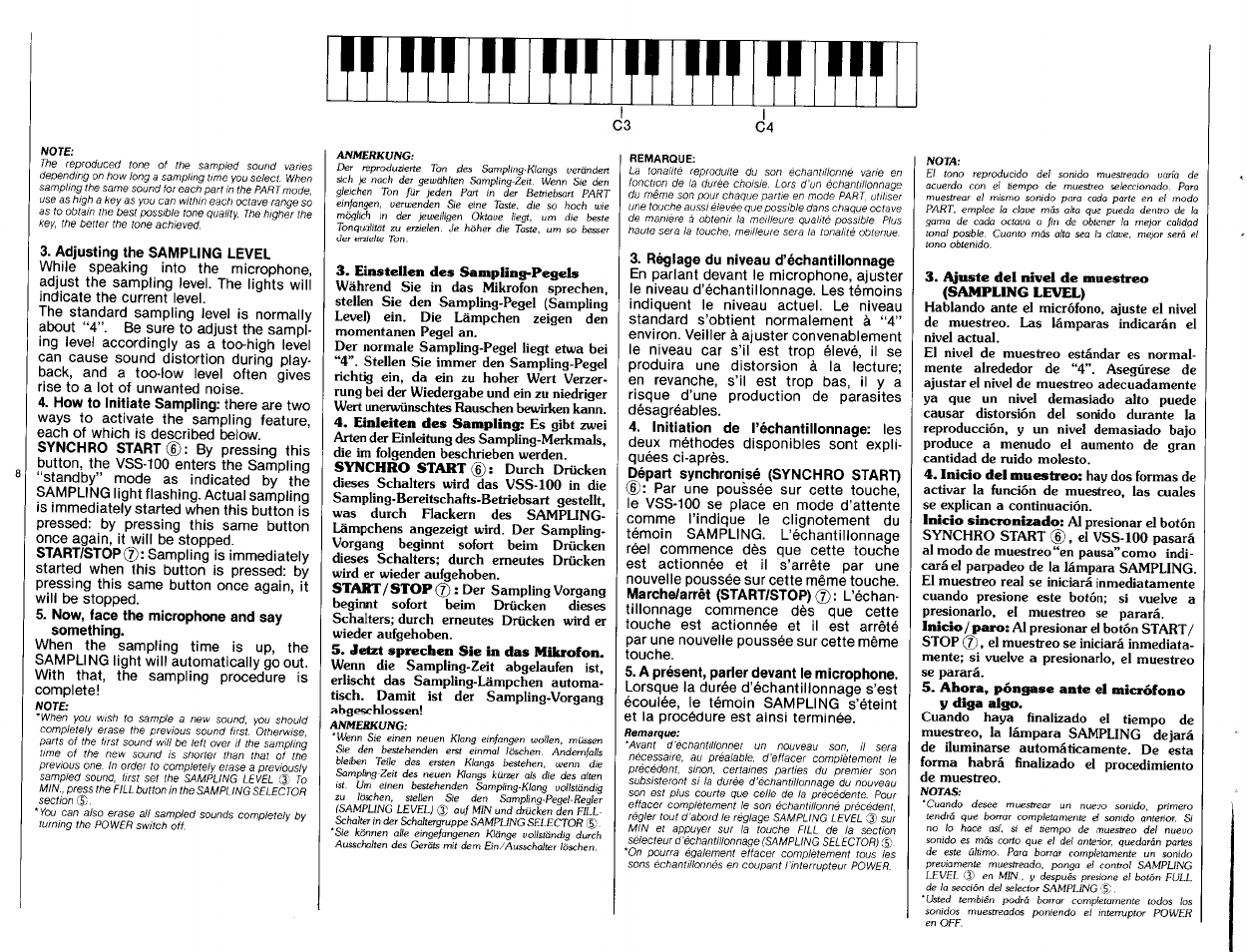 Adjusting the sampling level, Now, face the microphone and say something, Réglage du niveau d’échantillonnage | Initiation de l’échantillonnage; les, Départ synchronisé (synchro start), A présent, parler devant le microphone | Yamaha VSS-100 User Manual | Page 10 / 24