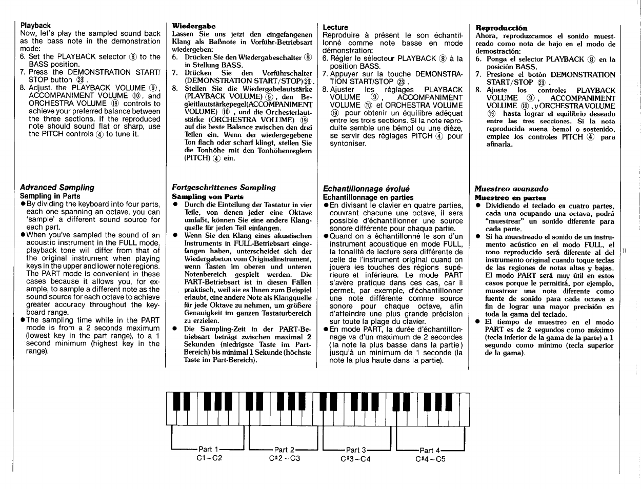 Playback, Sampling in parts, Echantillonnage en parties | Yamaha VSS-100 User Manual | Page 13 / 24