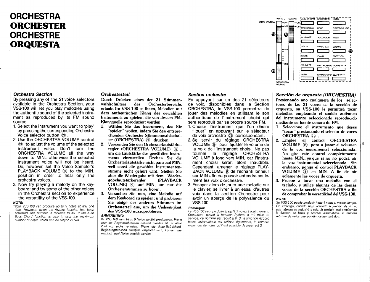 Orchester, Orquesta, Orchestra | Orchestre | Yamaha VSS-100 User Manual | Page 15 / 24