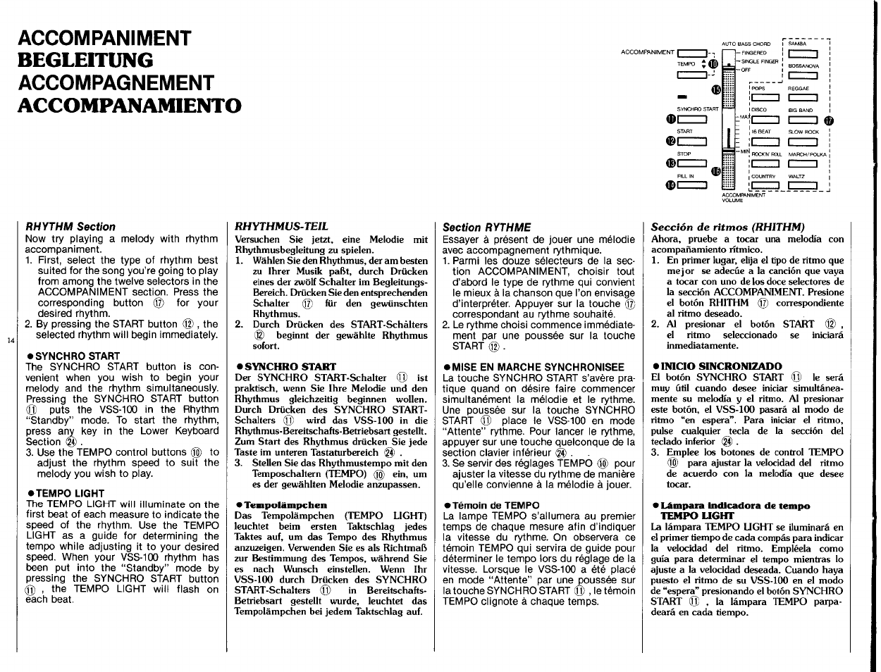 Synchro start, Mise en marche synchronisee, Témoin de tempo | Begleitung, Accompanamiento, Accompaniment, Accompagnement | Yamaha VSS-100 User Manual | Page 16 / 24