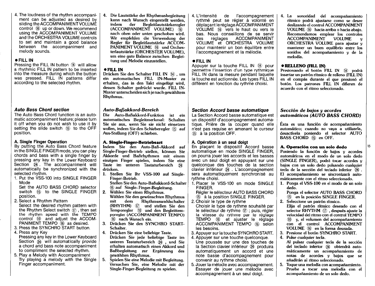 Fill in, A. single finger operation, A. opération à un seul doigt | Yamaha VSS-100 User Manual | Page 17 / 24