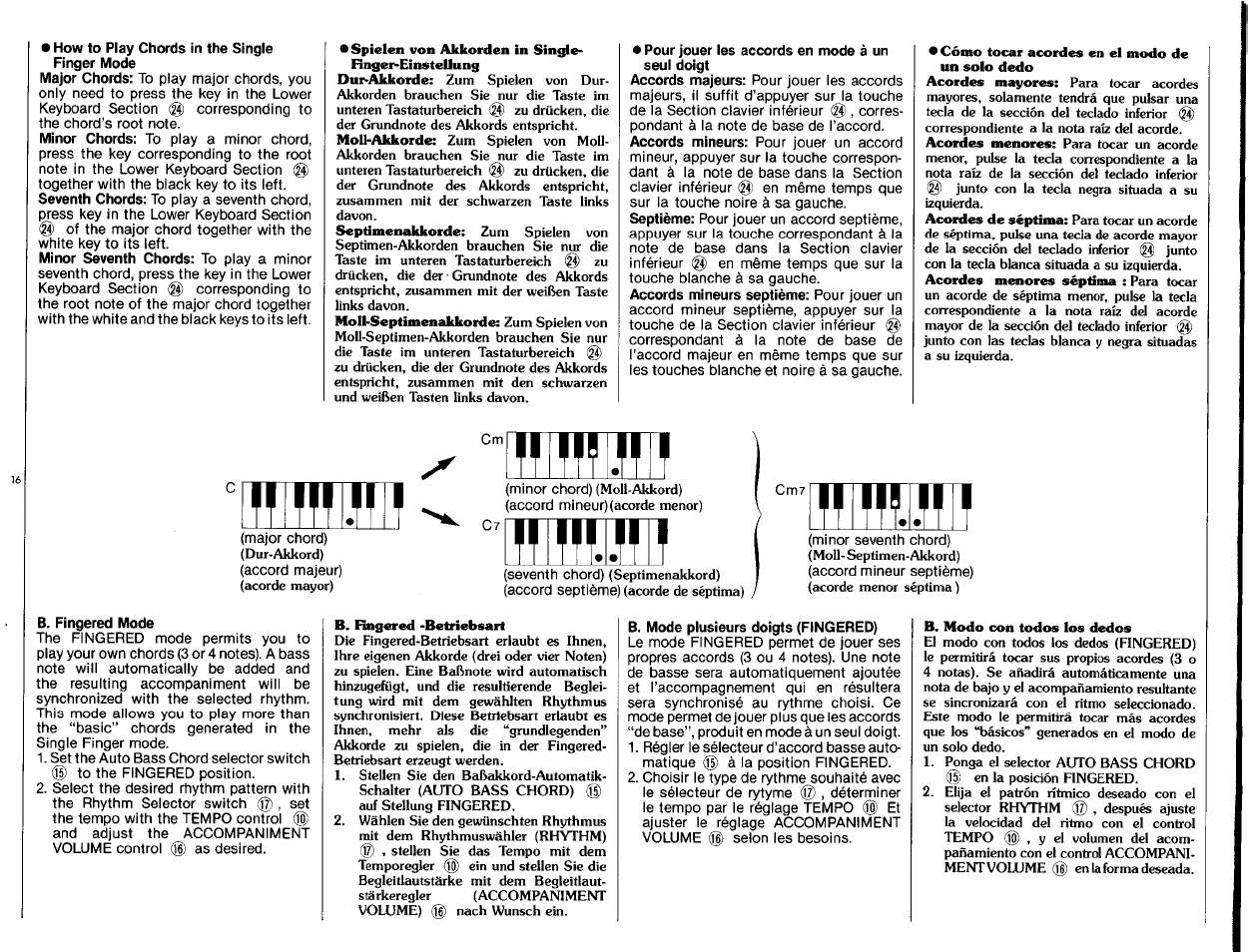 How to play chords in the single finger mode, Pour jouer les accords en mode à un seul doigt, B. fingered mode | B. mode plusieurs doigts (fingered) | Yamaha VSS-100 User Manual | Page 18 / 24