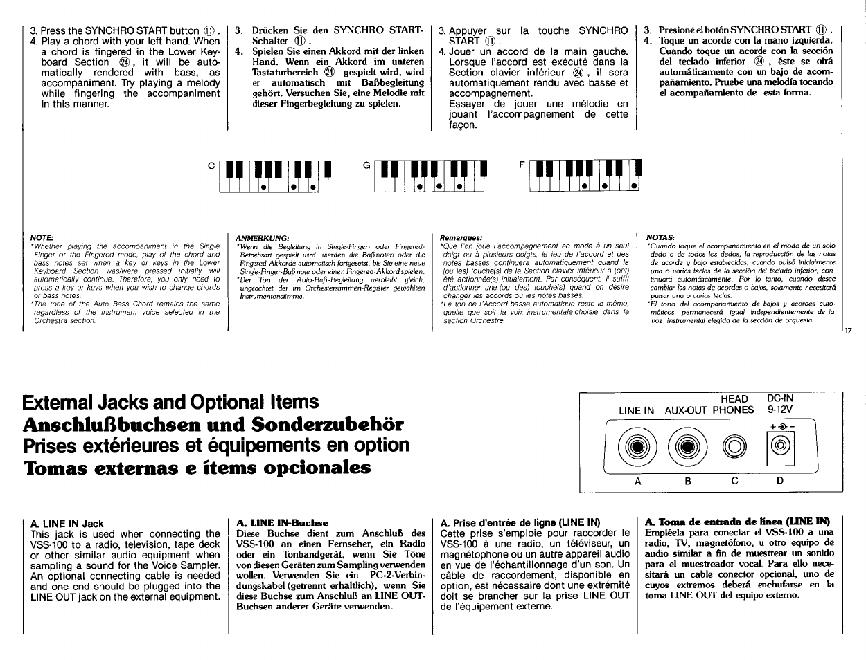 A. line in jack, A. prise d’entrée de ligne (line in), Anschlußbuchsen und sonderzubehör | Tomas externas e items opcionales, External jacks and optional items, Prises extérieures et équipements en option | Yamaha VSS-100 User Manual | Page 19 / 24