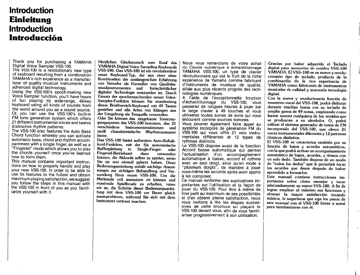 Einleitung, Introducción, Introduction | Yamaha VSS-100 User Manual | Page 2 / 24