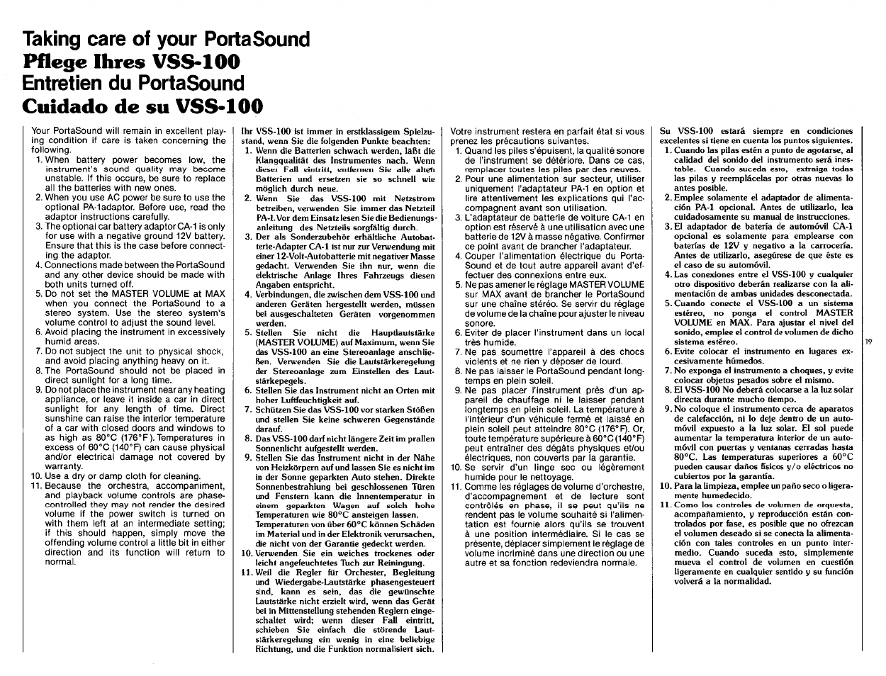 Pflege ihres vss-loo, Cuidado de su vss*100, Taking care of your portasound | Entretien du portasound | Yamaha VSS-100 User Manual | Page 21 / 24