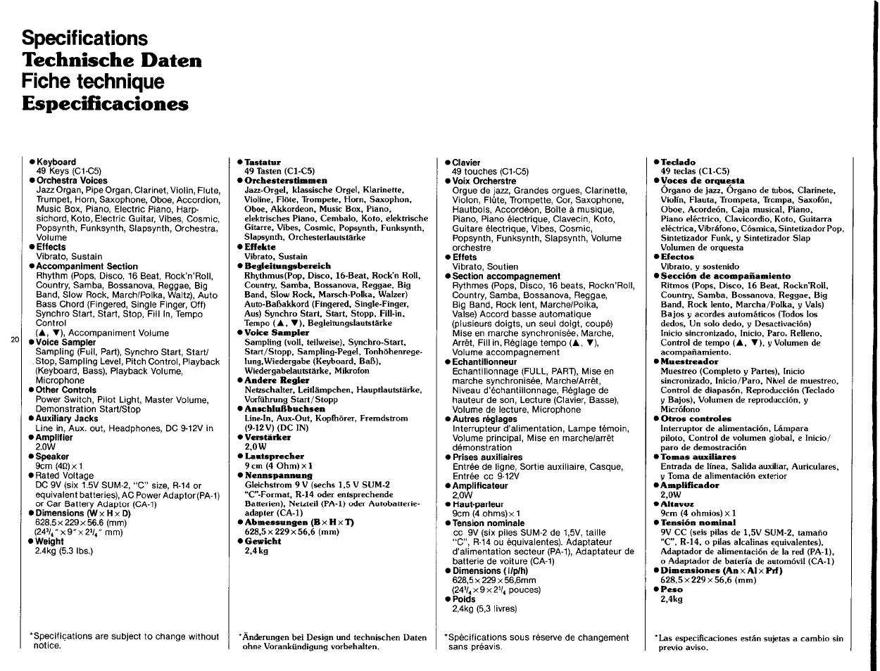 Technische daten, Especificaciones, Specifications | Fiche technique | Yamaha VSS-100 User Manual | Page 22 / 24