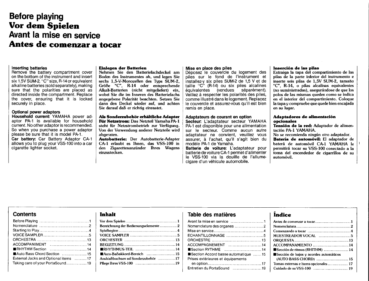 Inserting batteries, Mise en place des piles, Vor dem spielen | Antes de comenzar a tocar, Before playing, Avant la mise en service | Yamaha VSS-100 User Manual | Page 3 / 24