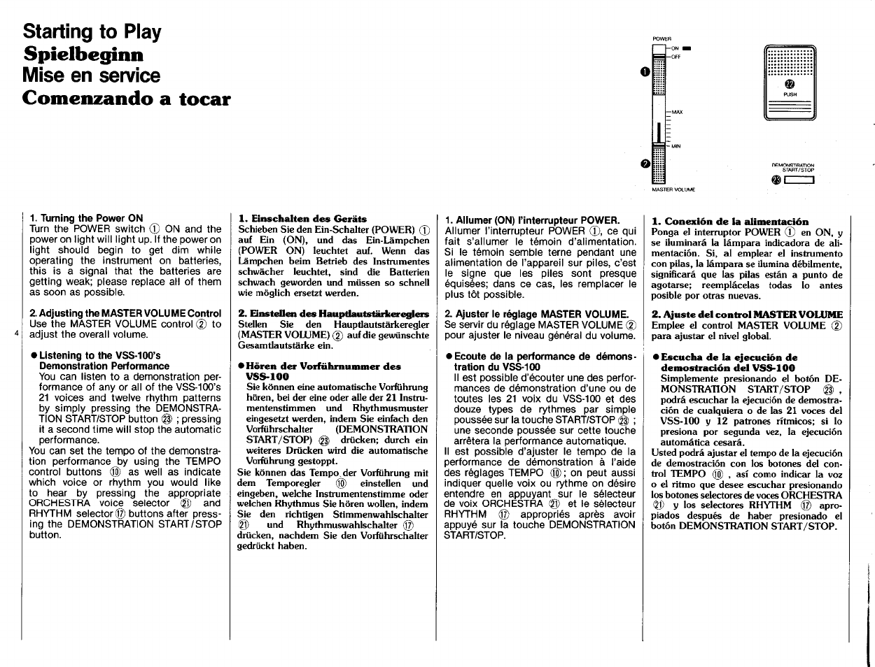 Turning the power on, Adjusting the master volume control, Allumer (on) l’interrupteur power | Ajuster le réglage master volume, Spielbeginn, Comenzando a tocar, Starting to play, Mise en service | Yamaha VSS-100 User Manual | Page 6 / 24