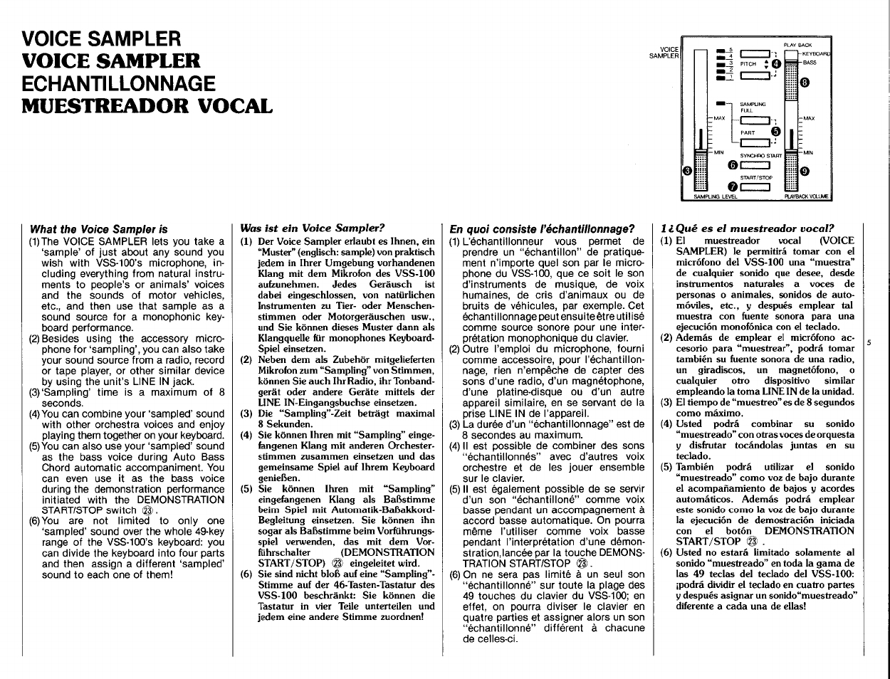 Muestreador vocal, Voice sampler, Echantillonnage | Yamaha VSS-100 User Manual | Page 7 / 24